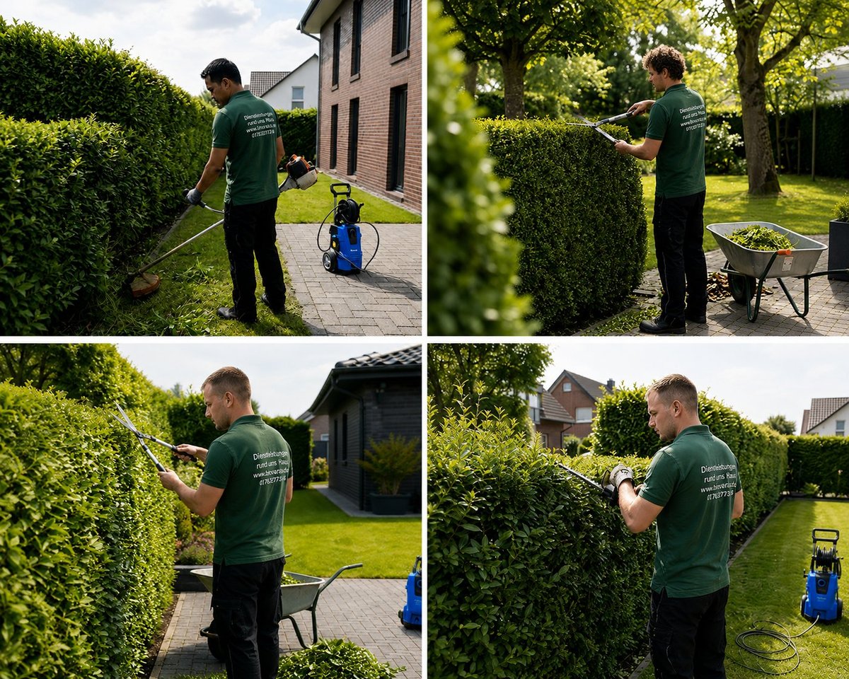 Man in green shirt trimming hedges in a residential backyard with brick house and manicured lawn