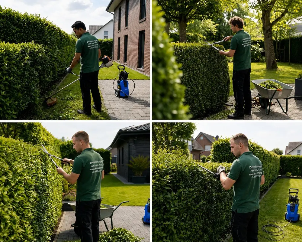 Man in green shirt trimming hedges in a residential backyard with brick house and manicured lawn