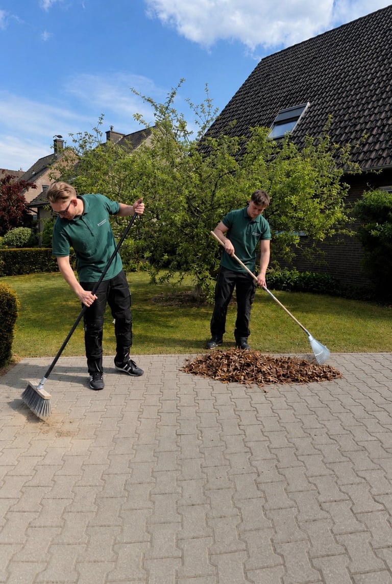 Two men in green shirts sweeping gravel on a brick patio in a residential garden with trees and houses in background