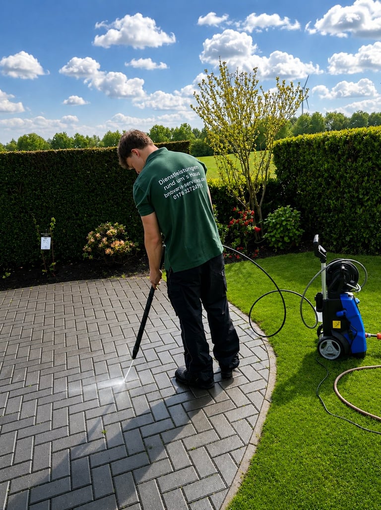 Worker in green shirt pressure washing curved patio with equipment and hedges visible in background garden