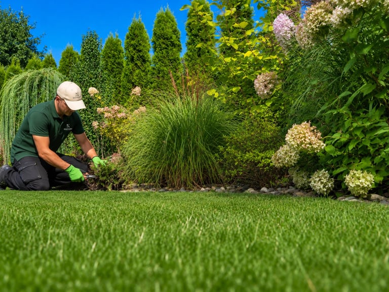 Gardener in white cap tending to ornamental grasses and flowering plants in a lush garden bed on a sunny day